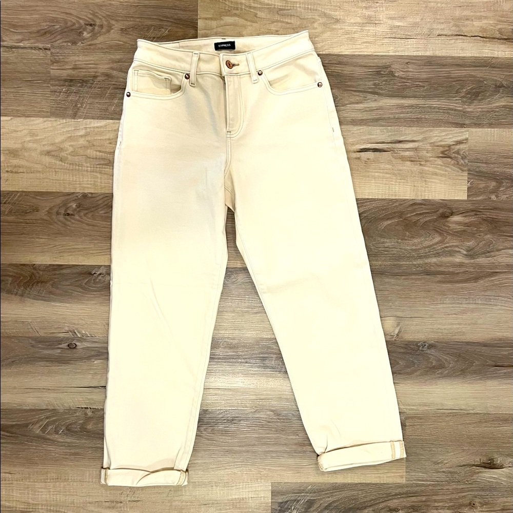 Express Mid Rise Cream Boyfriend Jeans